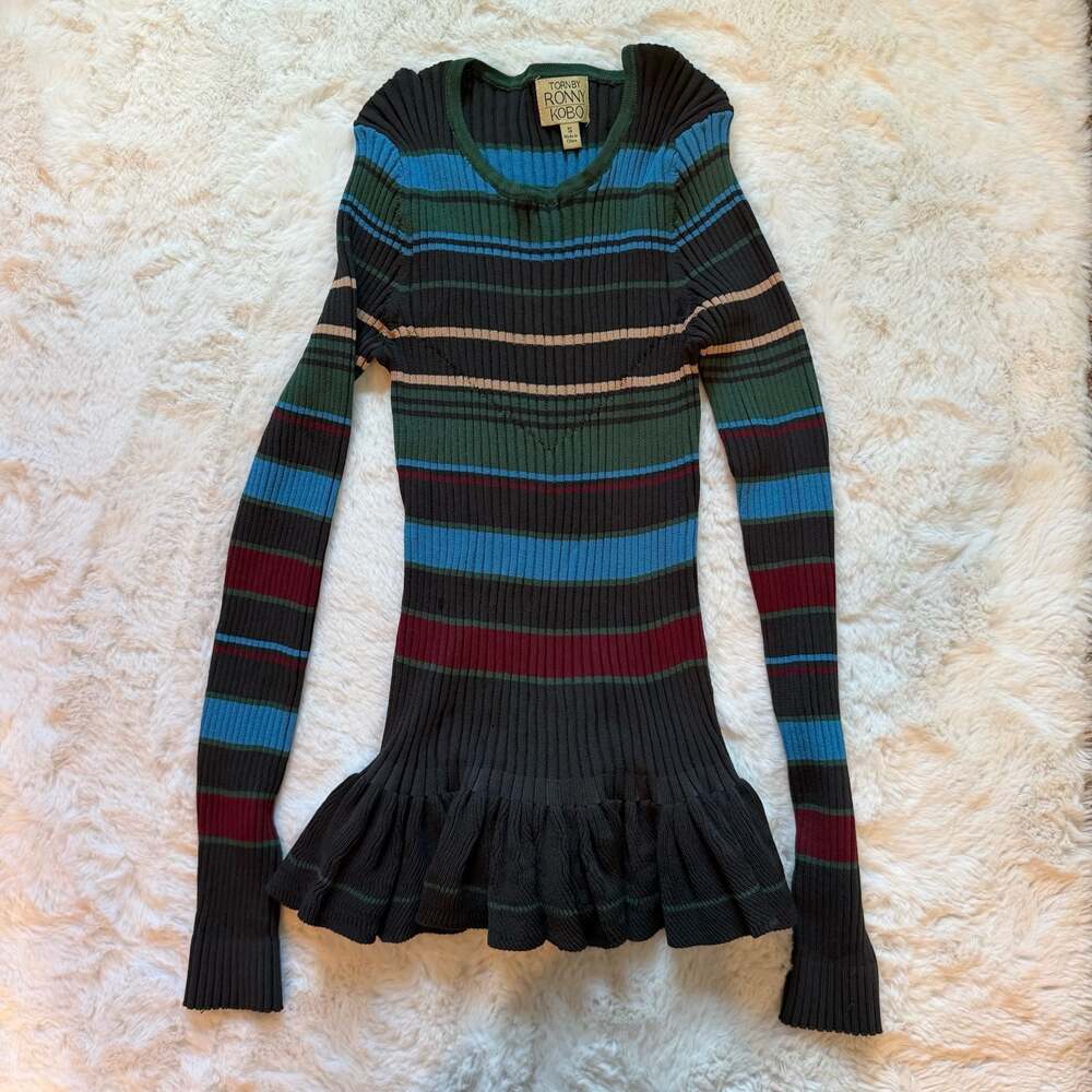 Torn by Ronny Kobo Long Sleeve Ribbed Knit Striped Peplum Top